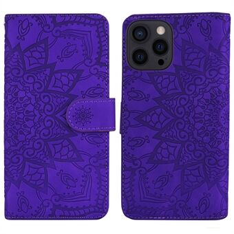 For iPhone 14 Plus Imprint Flower Phone Cover Bump Proof Wallet Design Calf Texture Leather Cover with Stand