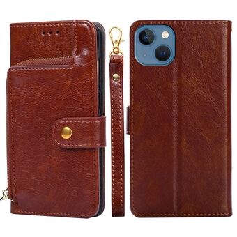 For iPhone 14 Plus Anti-scratch Phone Flip Wallet Cover Anti-shock Zipper Pocket PU Leather Phone Case Stand with Strap