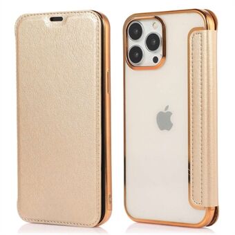 For iPhone 14 Plus Card Slot Electroplating Case PU Leather Clear TPU Back Full Protection Stand Case