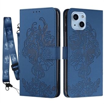 For iPhone 14 Plus Tiger Pattern Imprinting PU Leather Full Protection Phone Case Stand Wallet Cover with Strap