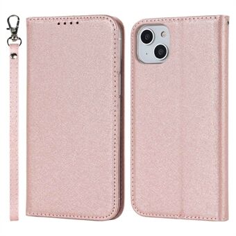 For iPhone 14 Plus PU Leather Silk Texture Anti-drop Wallet Phone Case Stand All-around Protection Cover with Wrist Strap