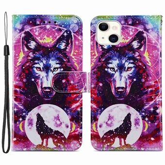 For iPhone 14 Plus PU Leather Wallet Stand Cover Pattern Printing Folio Flip Protective Phone Case with Strap