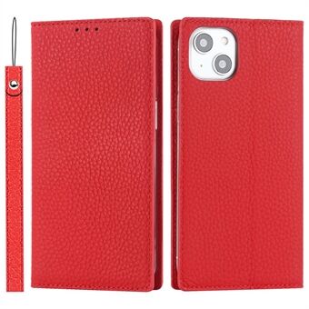 For iPhone 14 Plus Genuine Leather Magnetic Closure Phone Cover Litchi Texture Wallet Stand Case with Hand Strap