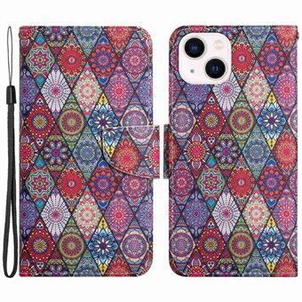 For iPhone 14 Plus Cross Texture PU Leather Case Pattern Printing Foldable Stand Phone Wallet Full Protection Case