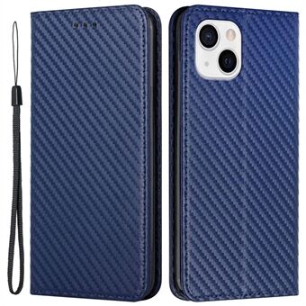 For iPhone 14 Plus Carbon Fiber Texture Fully Wrapped PU Leather Case Auto Magnetic Closed Flip Stand Wallet Cover