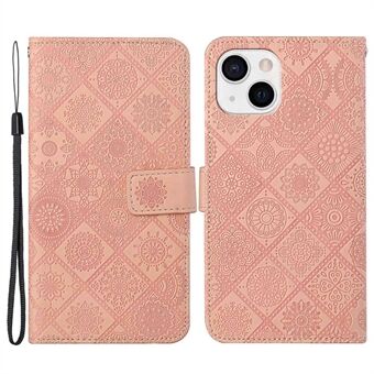 For iPhone 14 Plus Ethnic Style Flower Imprinted PU Leather Flip Wallet Case Stand  Bookstyle Magnetic Protective Cover with Strap