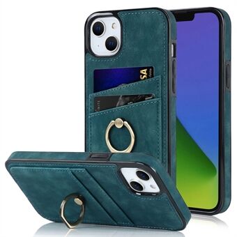 For iPhone 14 Plus Retro Phone Case Leather Coated TPU Metal Finger Ring Kickstand Design Shell with Card Slots