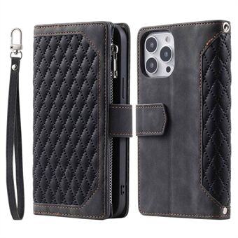 For iPhone 14 Plus Wallet Design Flip Magnetic Phone Cover Rhombus Grid Texture PU Leather Zipper Pocket Stand Case