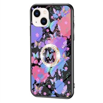 For iPhone 14 Plus Butterfly Series Ring Kickstand Tempered Glass + PC + TPU Case Butterfly Pattern Printing Anti-drop Phone Cover