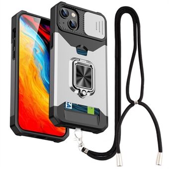 For iPhone 14 Plus Kickstand PC + TPU Phone Case Slide Camera Protection Card Holder Cover with Lanyard