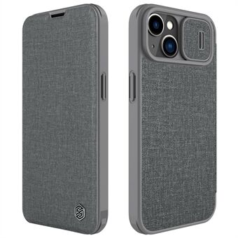 NILLKIN Qin Pro Series for iPhone 14 Plus Cloth Texture Phone Case with Sliding Lens Protection Cover PU Leather Anti-scratch Shell Card Holder