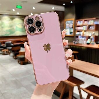 For iPhone 14 Plus Cell Phone Cover 6D Electroplating Four-leaf Clover Decor Drop Plustection TPU Phone Case