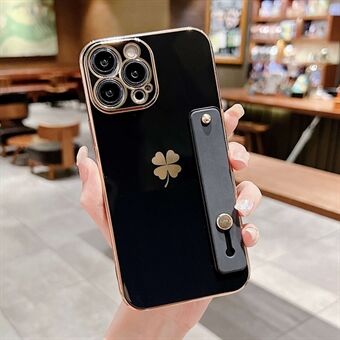 Four Leaf Clover Pattern TPU Case for iPhone 14 Plus, 6D Electroplating Kickstand Phone Cover with Wrist Band