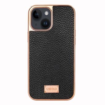 VIETAO For iPhone 14 Plus Anti-scratch Phone Case Litchi Texture PU Leather Coated TPU Electroplating Phone Cover