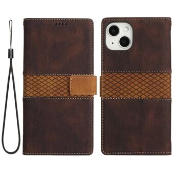 Phone Wallet Case for iPhone 14 Plus, Full Protection Grid Splicing Folio Flip Phone Cover PU Leather Stand with Strap