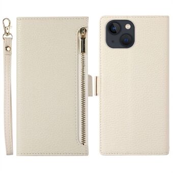 Litchi Texture Phone Case for iPhone 14 Plus, Zipper Pocket Full Protection PU Leather Phone Flip Cover Wallet with Strap