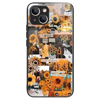 For iPhone 14 Plus Tempered Glass+TPU Frame Back Shell Sunflower Pattern Printing Design Shockproof Anti-Scratch Cover