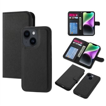 For iPhone 14 Plus Detachable TPU Back Case Cross Texture Wallet Stand PU Leather Shockproof Cover