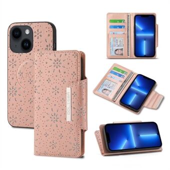 For iPhone 14 Plus Leaf Imprinted Glitter Flower Design Detachable Phone Case PU Leather+TPU Drop-proof Cover with Wallet