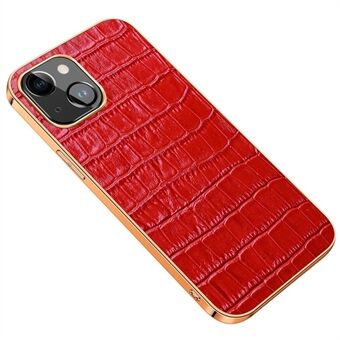 Electroplating Phone Case for iPhone 14 Plus Crocodile Texture Shockproof Case Genuine Leather Coated TPU Back Cover