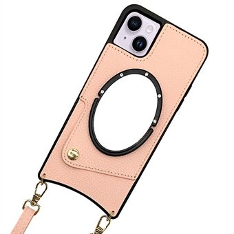 For iPhone 14 Plus Fish Tail Design PU Leather Coated TPU Phone Case Mirror Function Card Holder Cover with Shoulder Strap