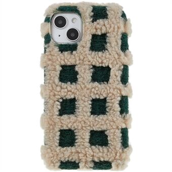 For iPhone 14 Plus Square Grid Plush Contrast Color Phone Cover Scratch-resistant Soft TPU Back Case