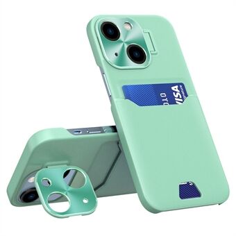 For iPhone 14 Plus Metal Lens Frame Kickstand Design Phone Back Cover PU Leather+PC Protective Case with Card Slot