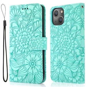 For iPhone 14 Plus PU Leather Phone Shell Stand Multifunction Wallet Imprinted Flower Pattern Phone Case with Strap