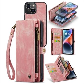 CASEME 008 Series for iPhone 14 Plus PU Leather Detachable Magnetic Handbag Phone Case Multi-Functional Zipper Pocket Wallet Stand Cover with Strap