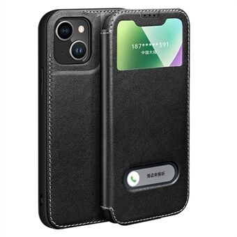 Anti-Fall Phone Case for iPhone 14 Plus Folio Flip Protective Cover Genuine Cowhide Leather Phone Stand Case with Dual Window View