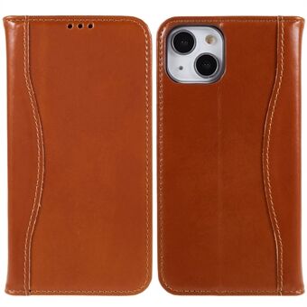 FIERRE SHANN Full Protection Case for iPhone 14 Plus, Magnetic Auto Closing Top Layer Cowhide Leather Foldable Stand Cover with Wallet