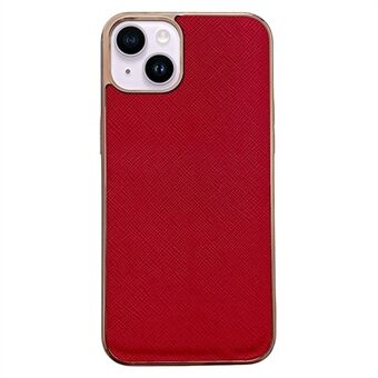 For iPhone 14 Plus Cross Texture Nano Electroplating Phone Drop-proof Cover Genuine Leather Coated TPU Back Case