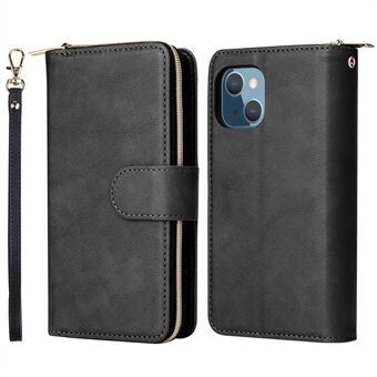 Anti-scratch PU Leather Phone Case For iPhone 14 Plus, 9 Card Holder Slots Magnetic Closure Zipper Pocket Flip Wallet Cover Stand with Strap