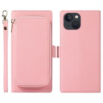 2-in-1 Magnetic Wallet Phone Case for iPhone 14 Plus Litchi Texture Shockproof Case Zipper Card Bag PU Leather Stand Cover with Strap