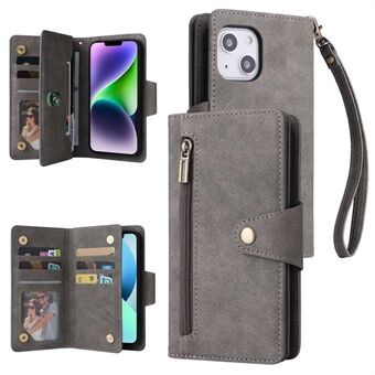 For iPhone 14 Plus Zipper Pocket Wallet Phone Case Rivet Decor PU Leather Stand Multiple Card Slots Flip Cover with Strap