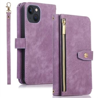 For iPhone 14 Plus Zipper Pocket Stand PU Leather Phone Cover Magnetic Clasp Wallet Case with Multiple Card Slots