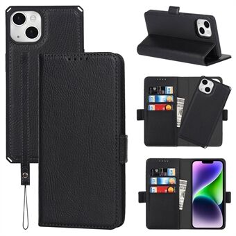 Wallet Phone Case for iPhone 14 Plus Detachable PU Leather Cover Litchi Texture Protective Case with Stand / Strap