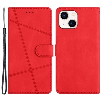 For iPhone 14 Plus PU Leather Magnetic Phone Case Imprinted Lines Flip Stand Wallet Crazy Horse Texture Cover with Strap