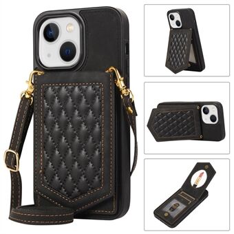 Drop-proof Phone Case For iPhone 14 Plus RFID Blocking Makeup Mirror Kickstand Card Holder Imprinted PU Leather Coated TPU Back Cover with Shoulder Strap