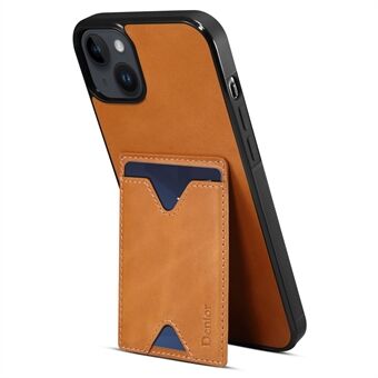 DENIOR Shockproof Case for iPhone 14 Plus Anti-Drop Phone Case Genuine Leather Coated TPU Hard PC Cover with Card Holder / Kickstand