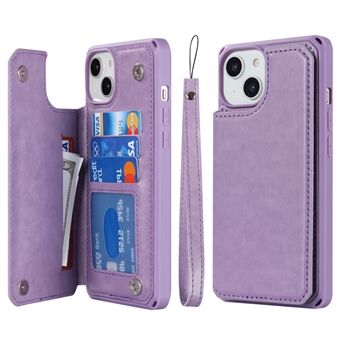 For iPhone 14 Plus Card Slots Design Kickstand PU Leather Coated TPU Phone Case Anti-collision Wallet Cover with Strap