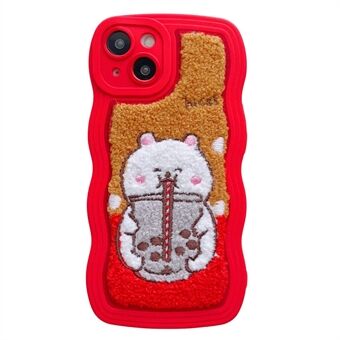 For iPhone 14 Plus Milk Tea Animal Pattern Embroidery Phone Case Fluffy Plush Shockproof TPU + PC Hybrid Cover