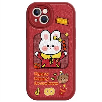 For iPhone 14 Plus New Year Cartoon Rabbit PU Leather Coated TPU Phone Cover Drop Resistant Back Case