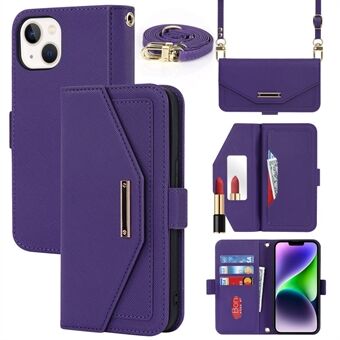 Magnetic Closure Cell Phone Cover For iPhone 14 Plus, Cross Texture PU Leather Anti-drop Flip Wallet Case Stand with Inside Makeup Mirror and Shoulder Strap