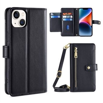 For iPhone 14 Plus Zipper Pocket Anti-fall PU Leather Stand Case Card Slots Flip Phone Cover with Wrist Strap and Shoulder Strap