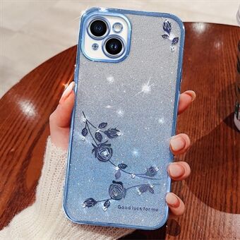 For iPhone 14 Plus Gradient Glitter Powder Flexible TPU Cover Rhinestone Decor Flower Design Anti-drop Anti-scratch Case