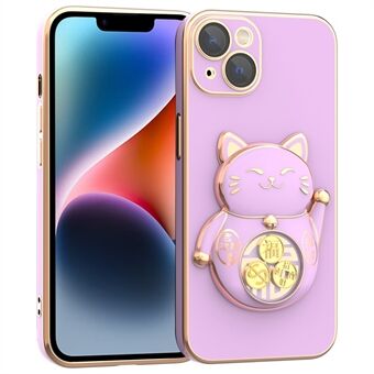 For iPhone 14 Plus Electroplating Lucky Fortune Cat Phone Case Drop Protection TPU+PC Kickstand Cover with Camera Lens Protector