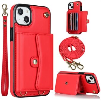 RFID Blocking Card Slots Phone Case for iPhone 14 Plus Accordion Style Kickstand Phone Cover with Short Strap and Long Strap