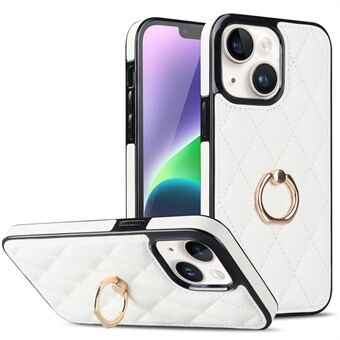 For iPhone 14 Plus Ring Holder Kickstand PU Leather + TPU Phone Case Rhombus Grid Pattern Imprinted Non-Slip Protective Cover