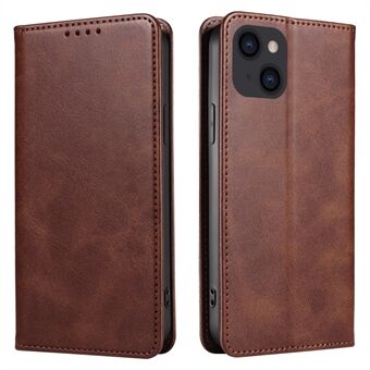 For iPhone 14 Plus Wallet Phone Cover Calf Texture Auto-absorbed Magnetic Leather Stand Phone Case